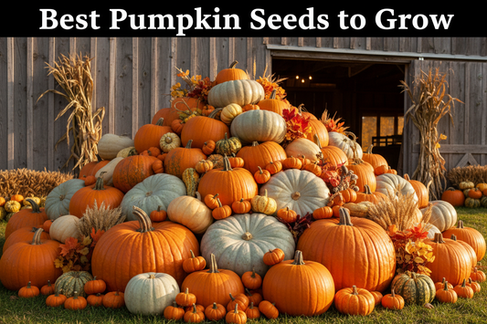 Variety of pumpkins including carving, pie, giant, mini, and decorative heirloom types arranged in a fall harvest display