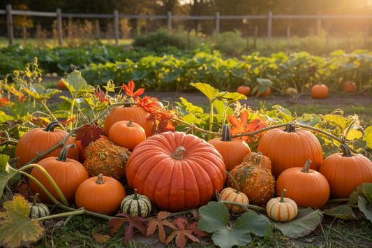 "A variety of pumpkins grown from seed including carving, pie, warty, and miniature types in a garden