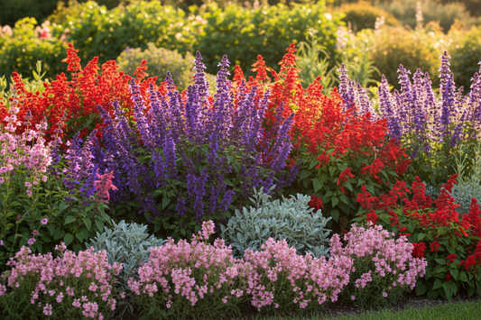 Multiple salvia varieties in full summer bloom — annual Vista, dwarf Reddy, perennial blue spikes, and silver sage growing together in a garden border