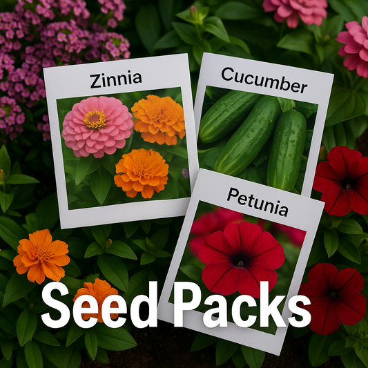 Colorful flowers including zinnias, petunias, marigolds, alyssum, and cosmos alongside vegetables like cucumbers, tomatoes, peppers, lettuce, and beans, with text reading Best Seed Packs for Gardeners
