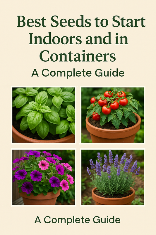 Best seeds for containers and indoor starting – basil, dwarf tomatoes, petunias, and lavender growing in pots on a patio