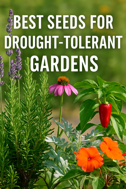 Colorful drought-tolerant garden with lavender, rosemary, echinacea, dusty miller, peppers, and Solarscape impatiens growing together in bright sunlight