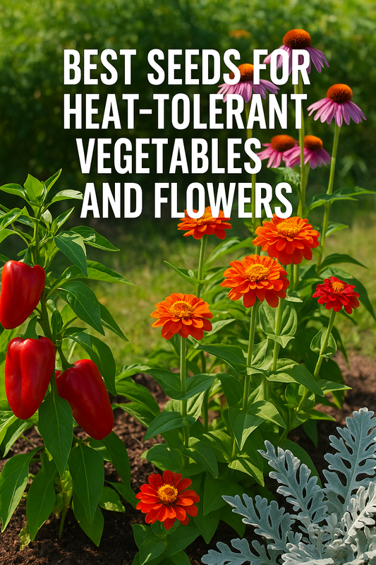 Vibrant heat-tolerant garden with peppers, zinnias, echinacea, and dusty miller thriving in full summer sunlight