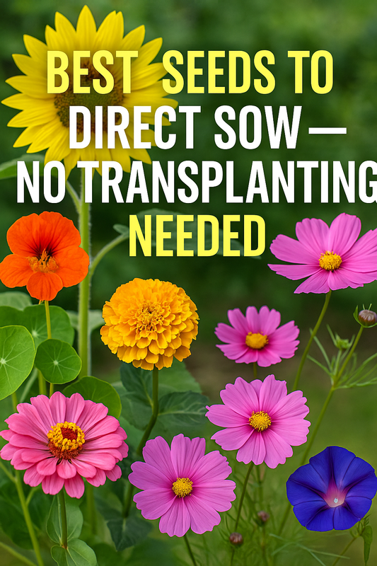 Sunflowers, Zinnias, Marigolds, Cosmos, Nasturtiums, and Morning Glories blooming in a bright garden — easy flowers to direct sow with no transplanting needed