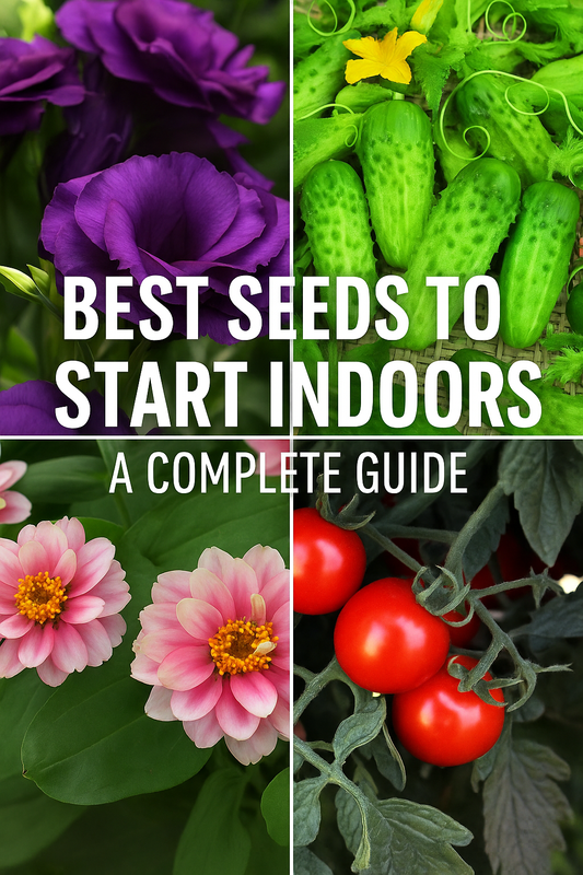 "Collage of lisianthus, zinnia, cucumber, and tomato plants with text overlay reading Best Seeds to Start Indoors – A Complete Guide.