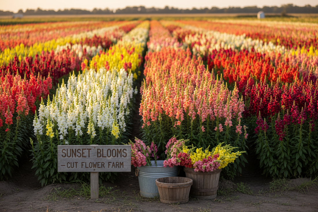 Rows of tall snapdragon cut flowers in full bloom at golden hour showing scarlet, coral, rose, yellow, and fuchsia varieties