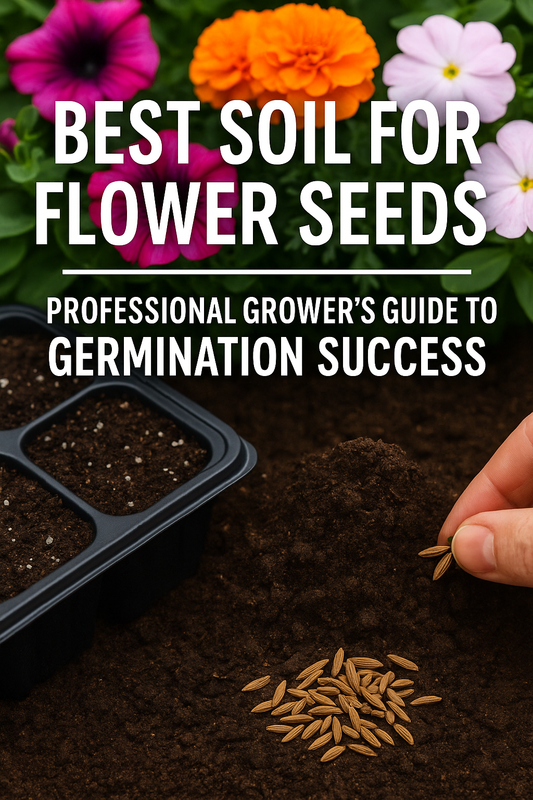 Gardener planting flower seeds in rich soil with bright blooms behind.