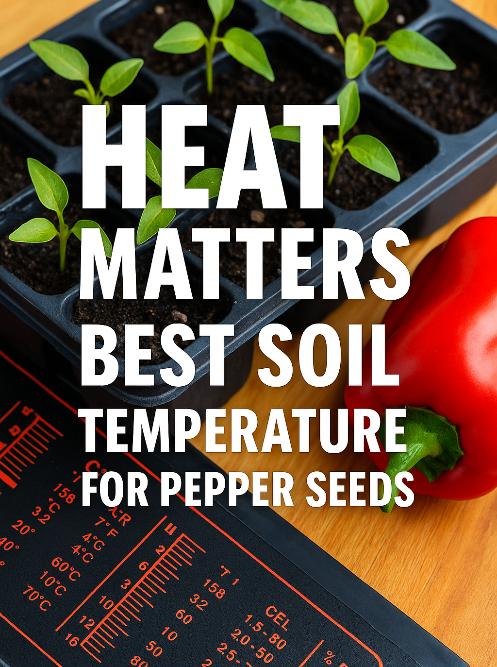 Pepper seedlings growing in trays on a heat mat with a thermometer reading 75–80°F, showing the best soil temperatures for germinating pepper seeds