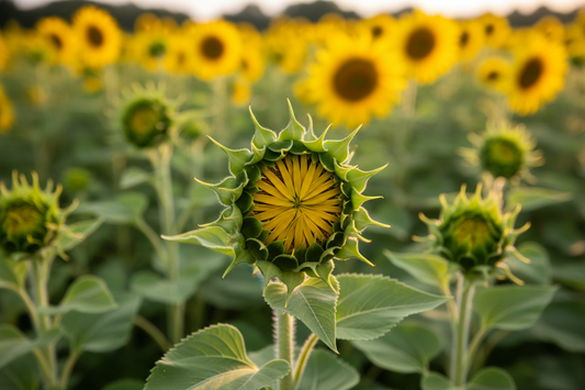 Sunflower at the cracking color stage with golden petals just emerging from the bud, ready to cut for maximum vase life