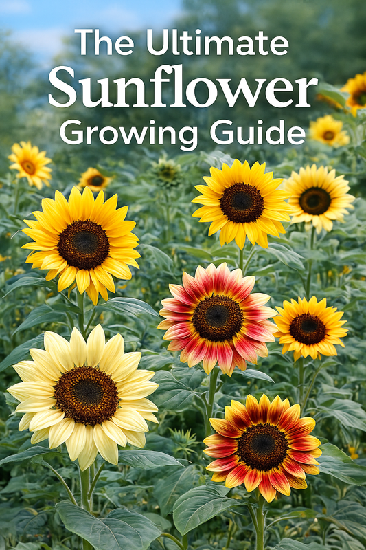 Multiple sunflower varieties in bloom including ProCut and multicolor sunflowers.