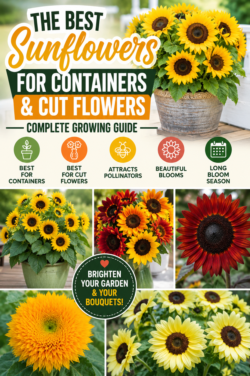 Best sunflowers for containers and cut flowers including dwarf patio sunflowers, pollen-free bouquet varieties, and colorful sunflower blooms for summer gardens