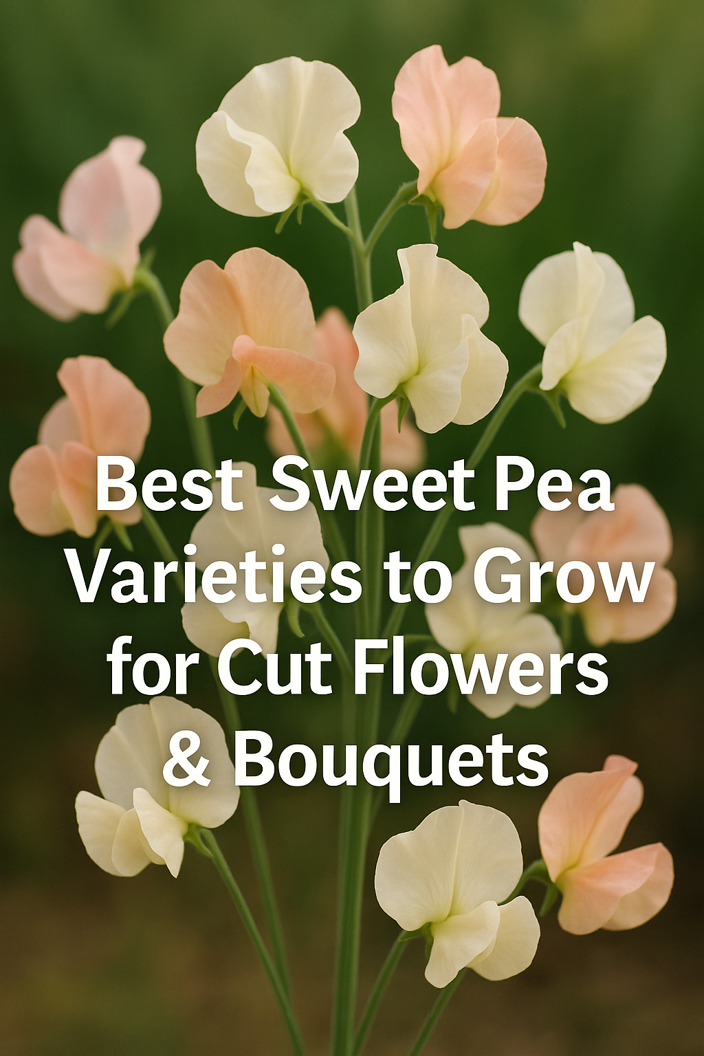 Pastel sweet pea flowers with text overlay showing the best sweet pea varieties to grow for cut flowers and bouquets