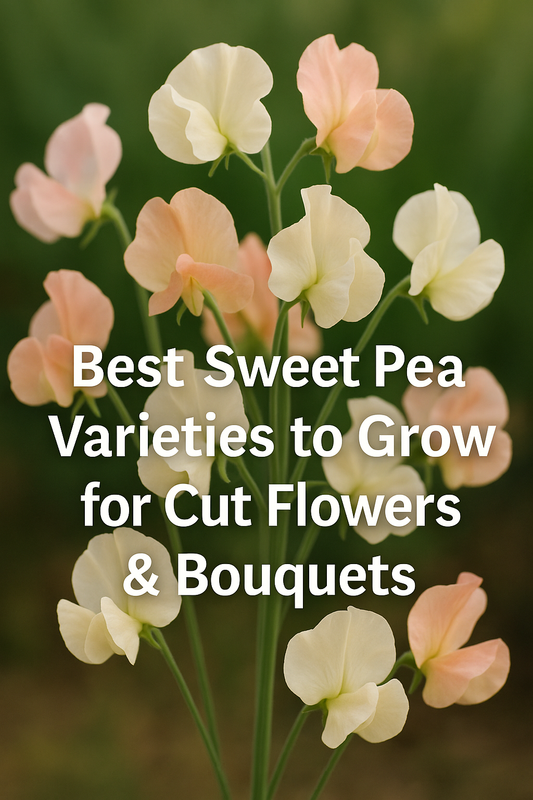 Pastel sweet pea flowers with text overlay showing the best sweet pea varieties to grow for cut flowers and bouquets