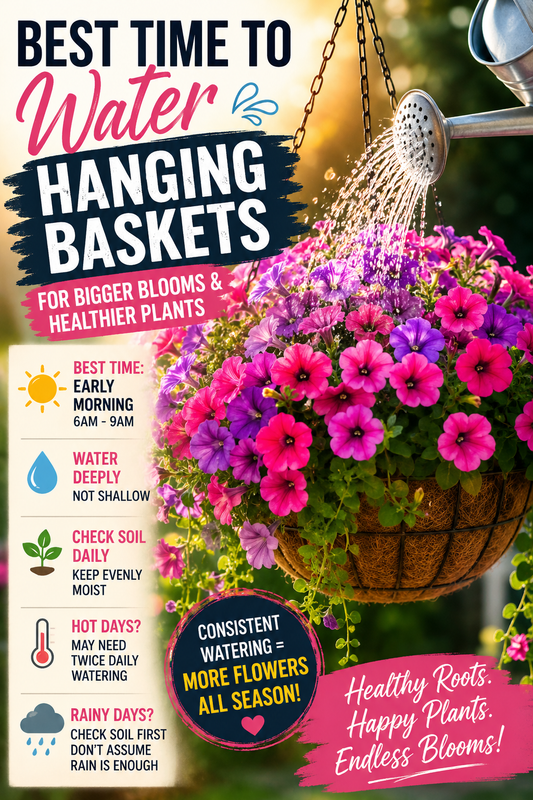 Colorful petunia hanging basket being watered in the morning for bigger blooms, healthier roots, and continuous summer flowering.