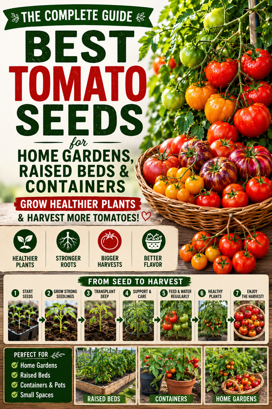 Colorful tomato harvest featuring cherry, slicing, and heirloom tomatoes growing in home gardens, raised beds, and containers, showcasing the best tomato varieties for productive harvests.