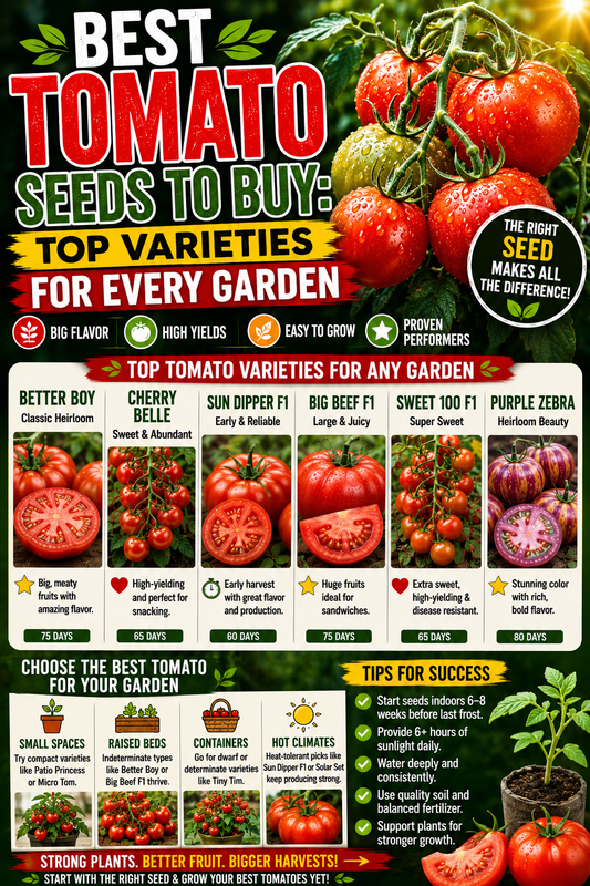 Collection of the best tomato seed varieties for home gardens, raised beds, and containers featuring high-yield, flavorful tomatoes.