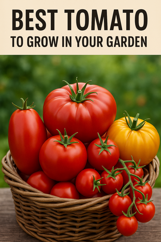 Basket of fresh garden tomatoes including heirloom Brandywine, Roma paste, cherry Sweet 100, and Early Girl slicing tomatoes on a rustic wooden table with garden vines in the background – best tomato to grow in your garden