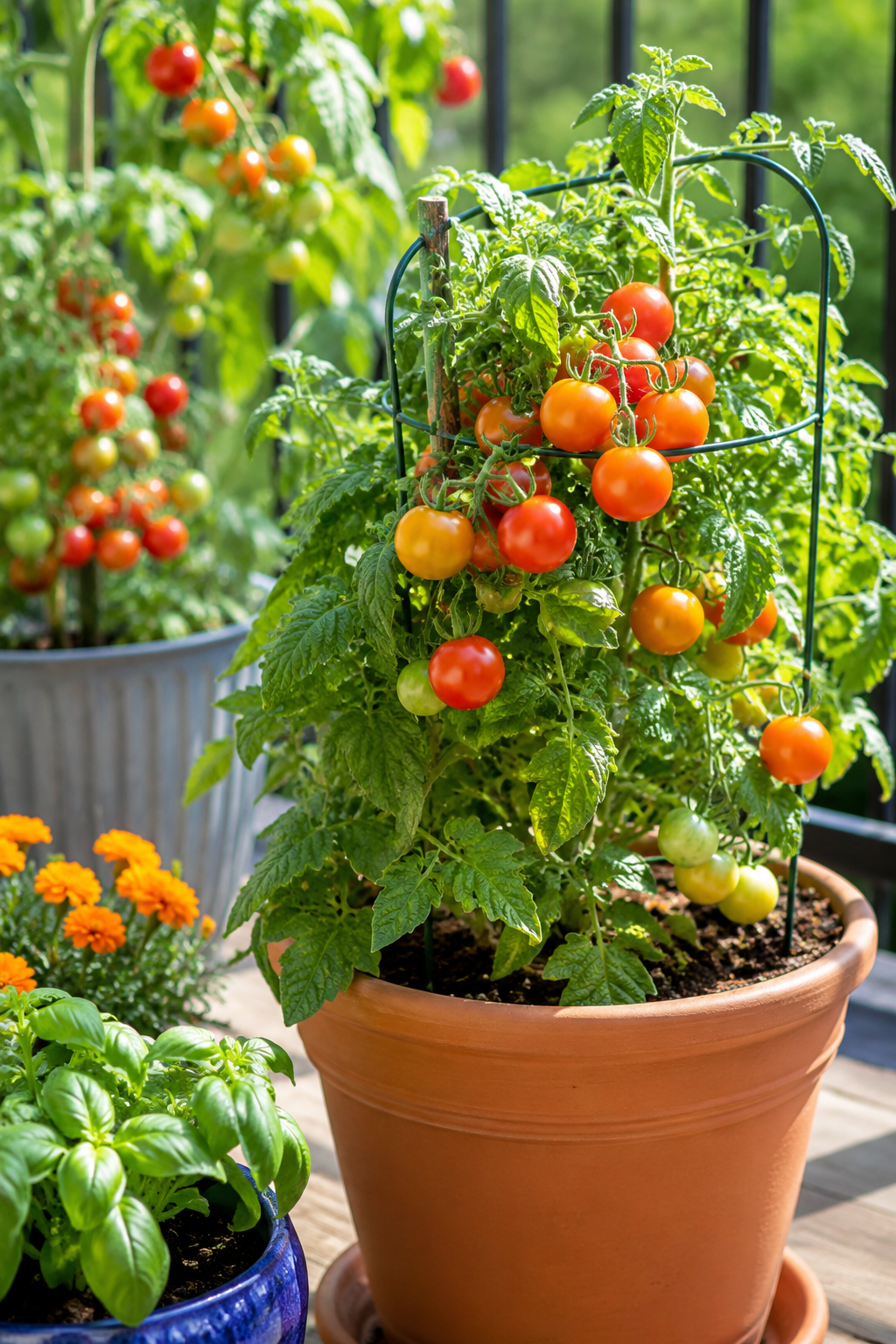 Healthy tomato plants growing in containers on a sunny patio with ripe cherry tomatoes and lush green foliage in decorative pots.