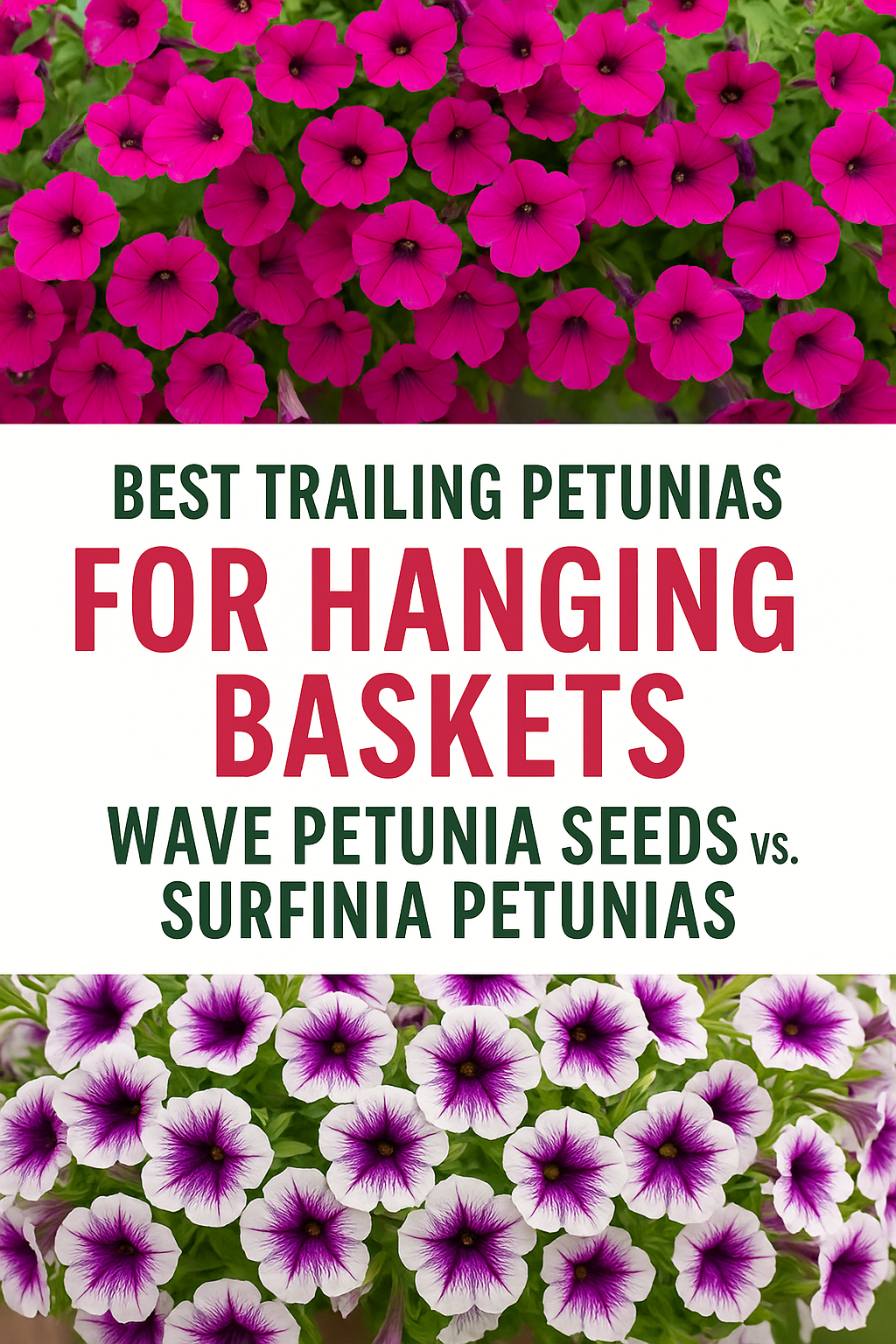 Wave and Surfinia Petunias overflowing from hanging baskets showing top trailing flower seeds for vibrant garden displays.