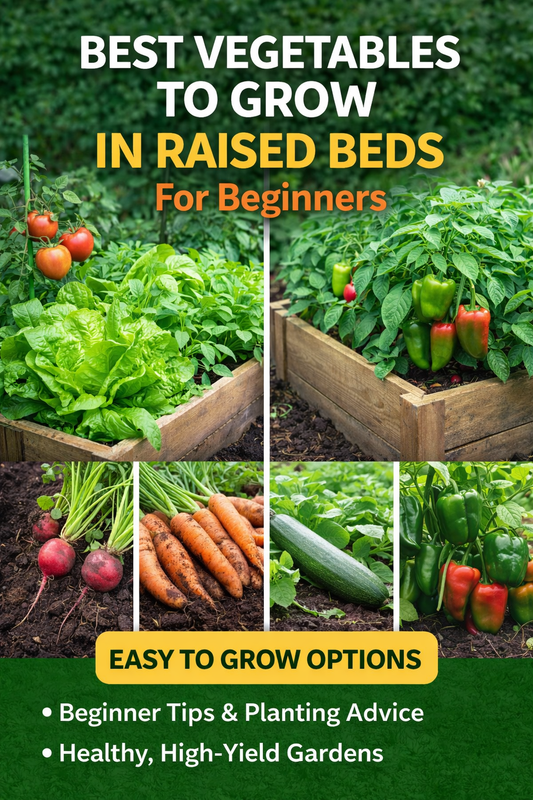 Best vegetables to grow in raised beds for beginners showing lettuce tomatoes carrots peppers and zucchini growing in raised garden beds