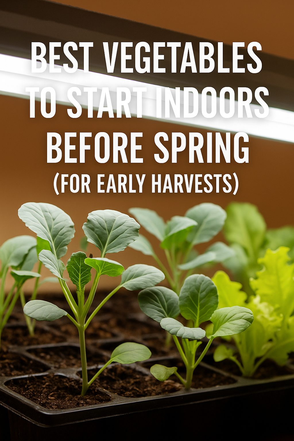 Broccoli, cabbage, cauliflower, onion, celery, and lettuce seedlings growing indoors in bright natural light — the best vegetables to start from seed before spring for early harvest