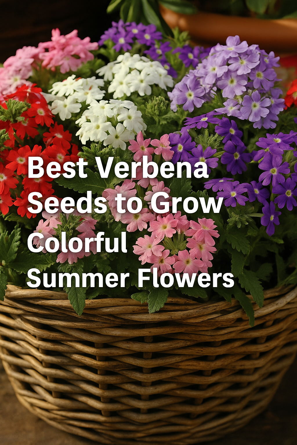 Basket filled with vibrant verbena flowers in red, pink, white, and purple shades with text overlay reading “Best Verbena Seeds to Grow | Colorful Summer Flowers from Seed