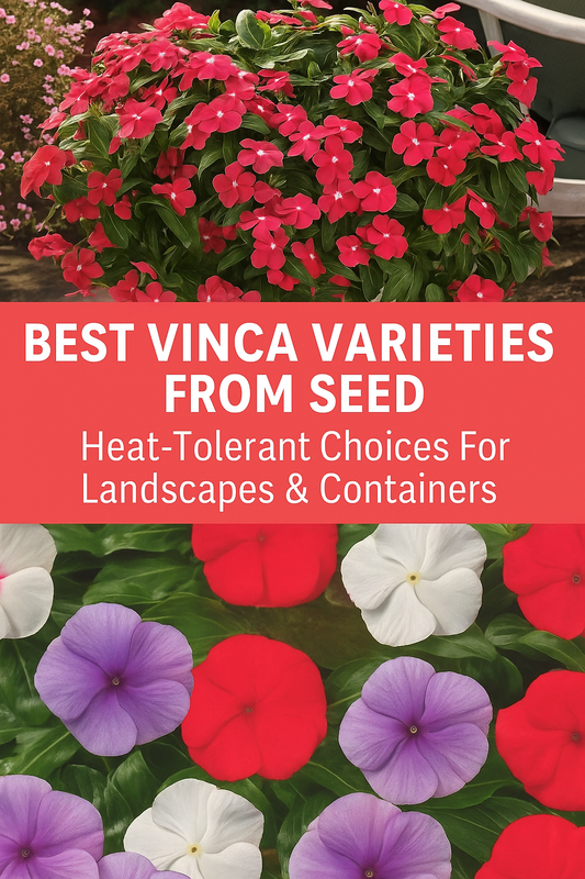 A vibrant display of Vinca flowers in multiple colors, showcasing the best heat-tolerant and long-blooming Vinca varieties grown from seed — perfect for gardens, containers, and landscapes.