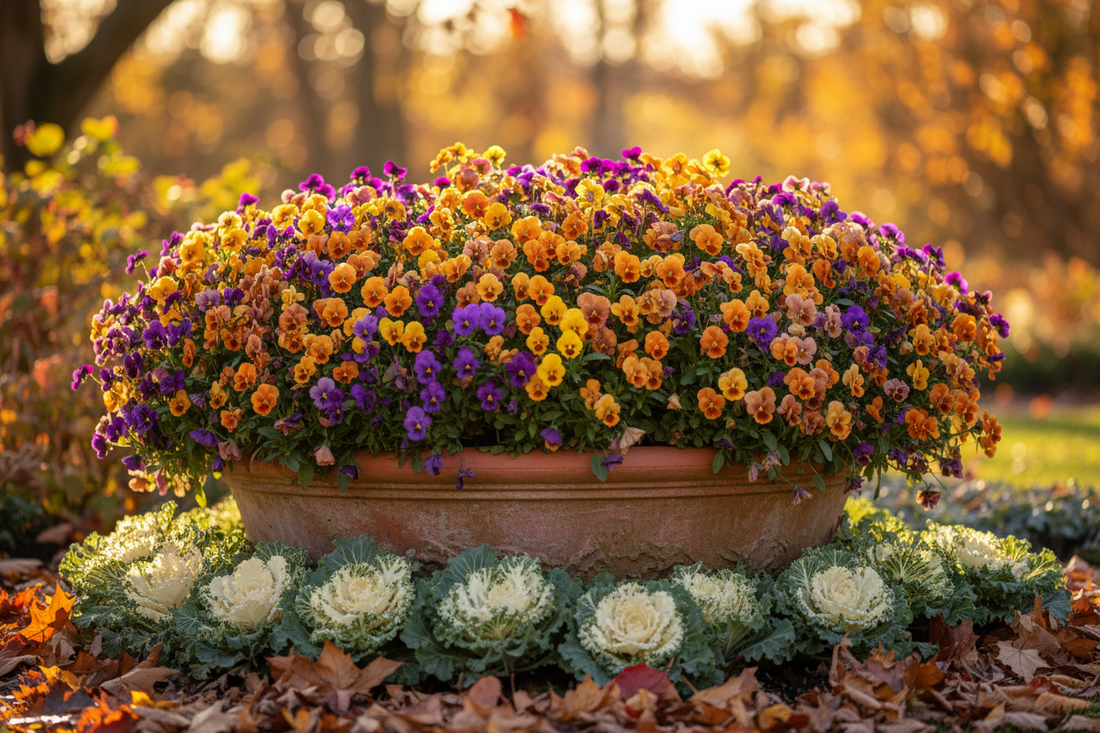 Colorful viola flowers in fall garden — purple, golden yellow, copper orange and rose pink violas in a rustic terracotta container with autumn foliage
