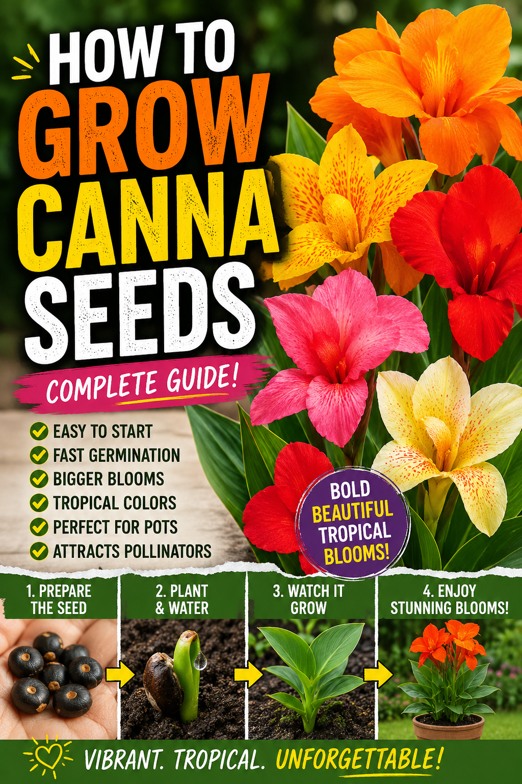 Colorful canna flowers with step-by-step guide showing how to grow canna seeds from germination to blooming tropical plants