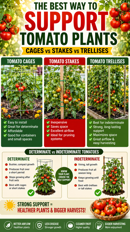 Tomato plants growing with cages, stakes, and trellis systems showing the best support methods for determinate and indeterminate tomatoes