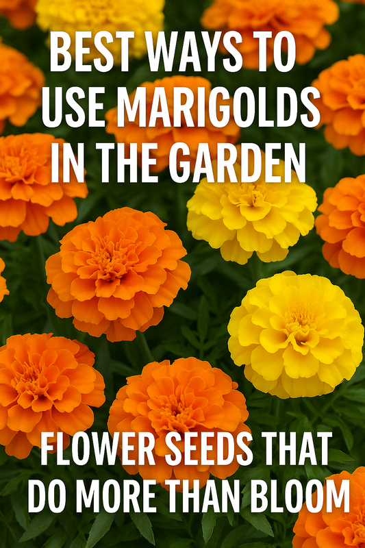 Vibrant orange and yellow marigolds in bloom with text ‘Best Ways to Use Marigolds in the Garden