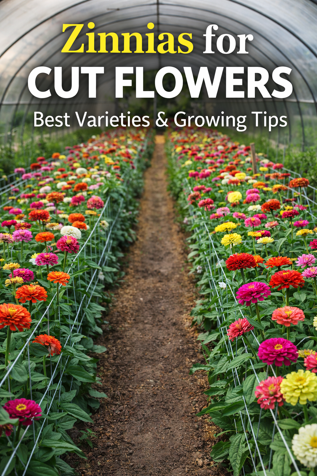 Zinnias grown in a high tunnel for cut flowers with rows of colorful blooms supported by netting showing how to grow zinnias from seed for bouquets