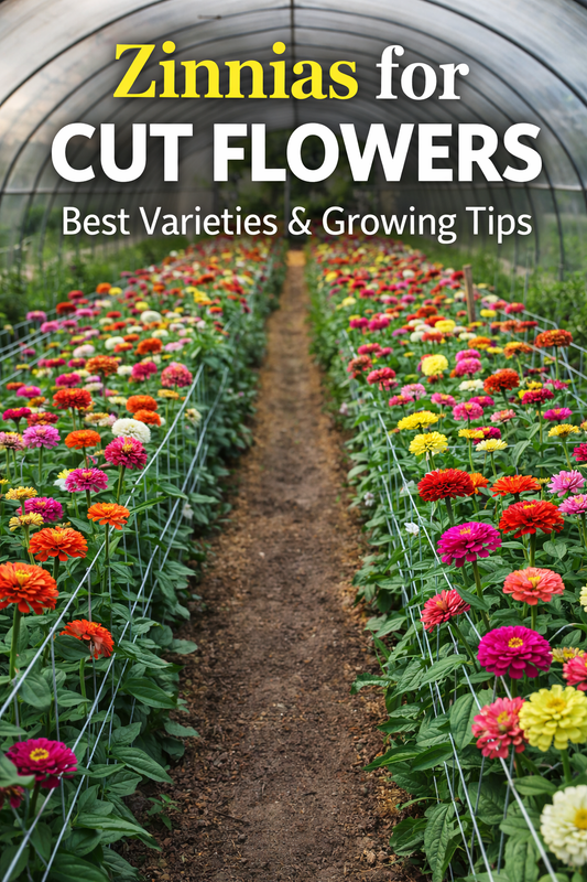 Zinnias grown in a high tunnel for cut flowers with rows of colorful blooms supported by netting showing how to grow zinnias from seed for bouquets