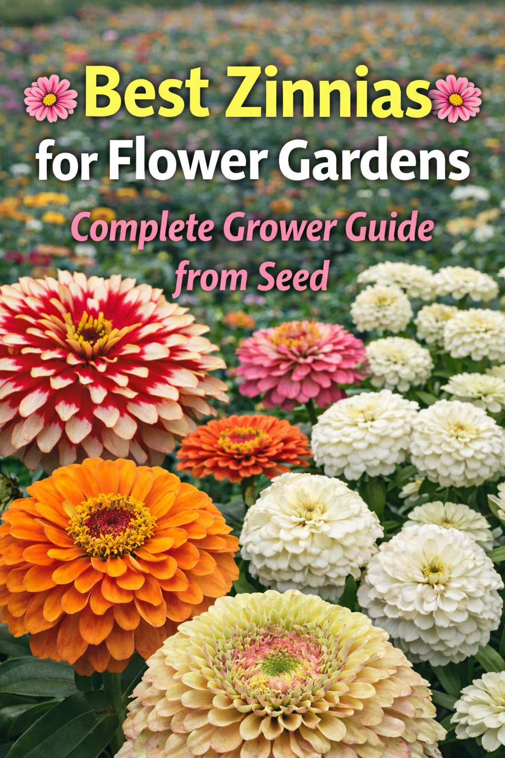 Colorful zinnias blooming in a garden field with large vibrant flowers, showcasing the best zinnias to grow from seed for bright flower beds and summer gardens