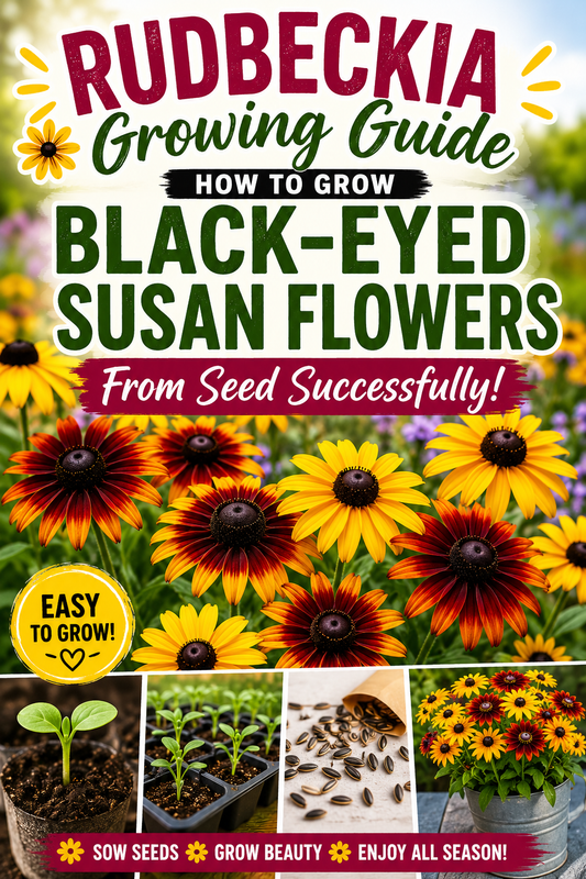 Bright yellow and burgundy Rudbeckia (Black-Eyed Susan) flowers with seedlings and seeds illustrating a complete growing guide for planting, germinating, and growing Rudbeckia from seed in home gardens