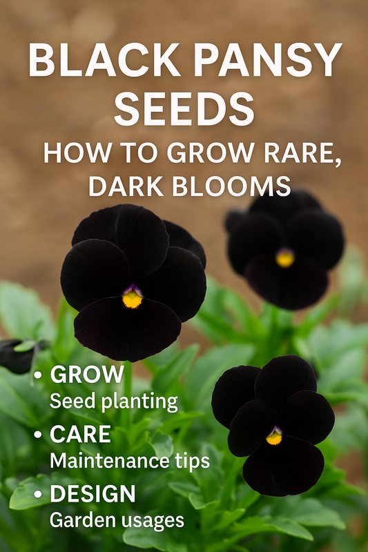 Black pansy seeds growing into rare, velvety dark blooms with striking contrast in a pollinator-friendly garden