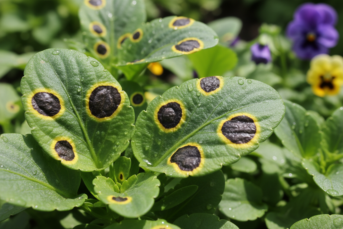 Black spots with yellow halos on pansy leaves caused by fungal leaf spot disease
