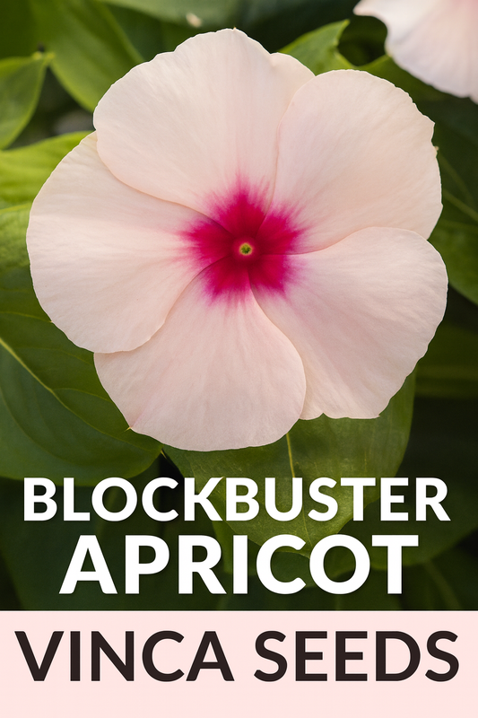 Close-up of Blockbuster Apricot Vinca flower, featuring soft apricot petals with a deep pink-magenta center, surrounded by lush green leaves. A compact, heat-tolerant variety ideal for containers, borders, and landscaping projects