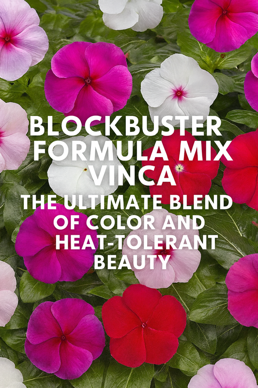 Blockbuster Formula Mix Vinca flowers in brilliant shades of pink, white, red, and lavender with glossy green foliage, ideal for sunny, heat-tolerant gardens.