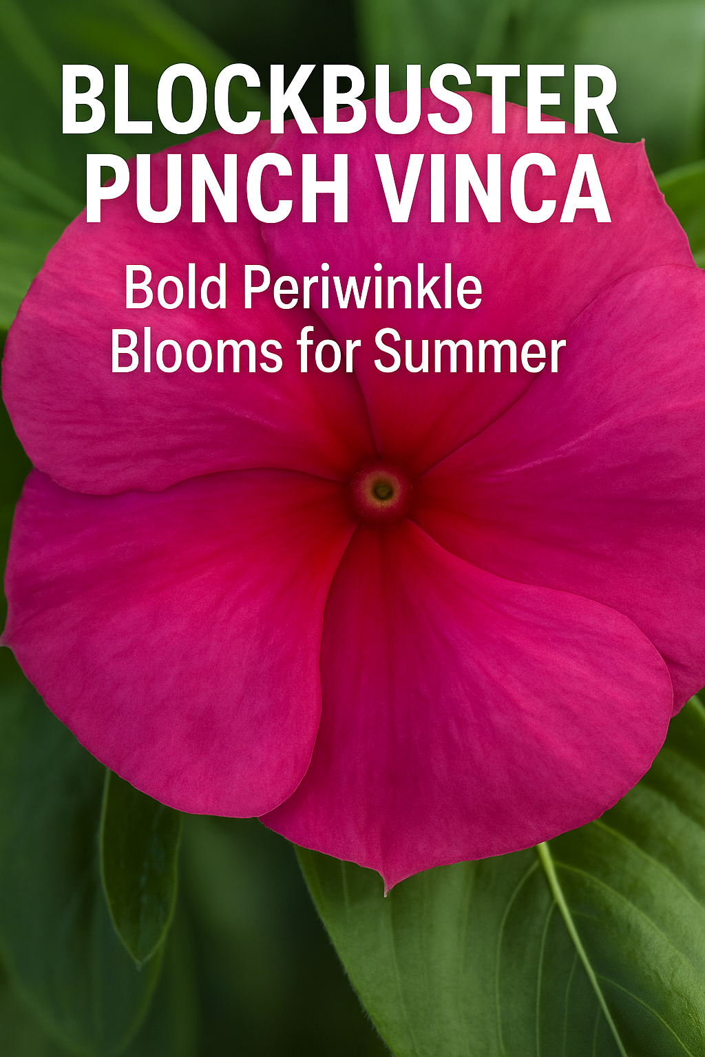 Blockbuster Punch Vinca flower with vivid magenta-pink petals and a deep red center, thriving above lush green leaves. A bold, compact, heat-tolerant periwinkle variety ideal for containers, borders, and summer landscapes