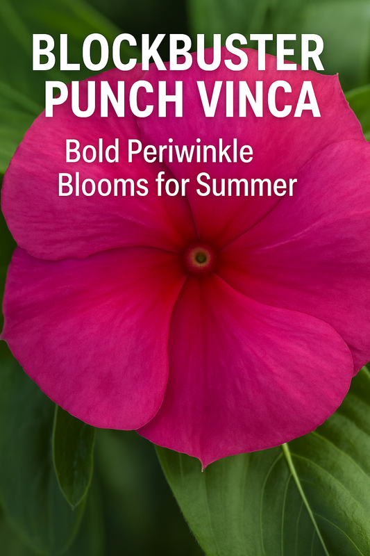 Blockbuster Punch Vinca flower with vivid magenta-pink petals and a deep red center, thriving above lush green leaves. A bold, compact, heat-tolerant periwinkle variety ideal for containers, borders, and summer landscapes