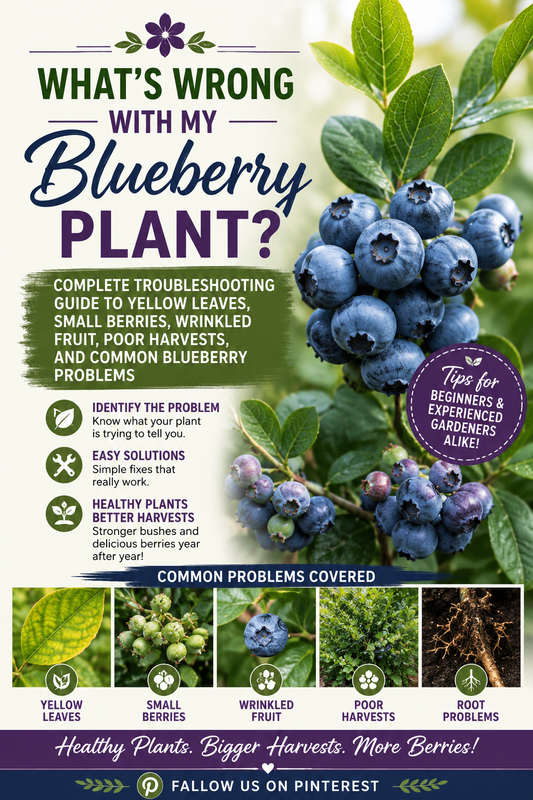 Blueberry plant with healthy berries and common blueberry growing problems.