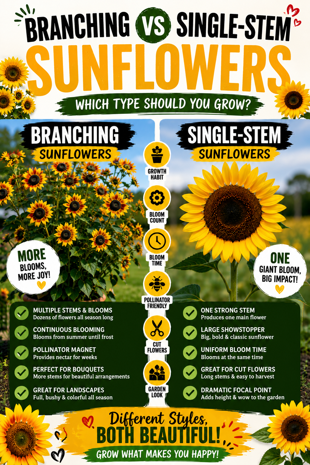 Comparison of branching sunflowers and single-stem sunflowers showing differences in bloom count, flowering season, pollinator attraction, growth habit, and the best sunflower type for cut flowers, landscapes, and home gardens.
