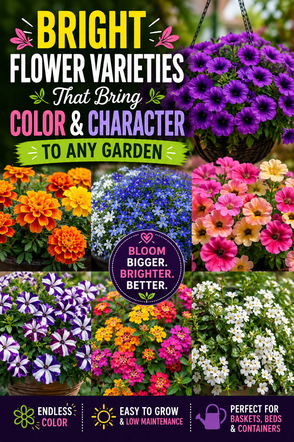 Colorful flowering plants including petunias, bacopa, marigolds, lantana, and container flowers bringing vibrant color to garden beds and hanging baskets