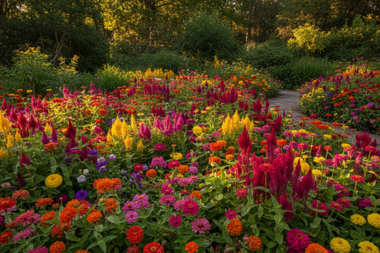 A colorful mix of garden flowers including zinnias, marigolds, lisianthus, and celosia blooming in vibrant oranges, pinks, purples, and yellows in a sunny garden border