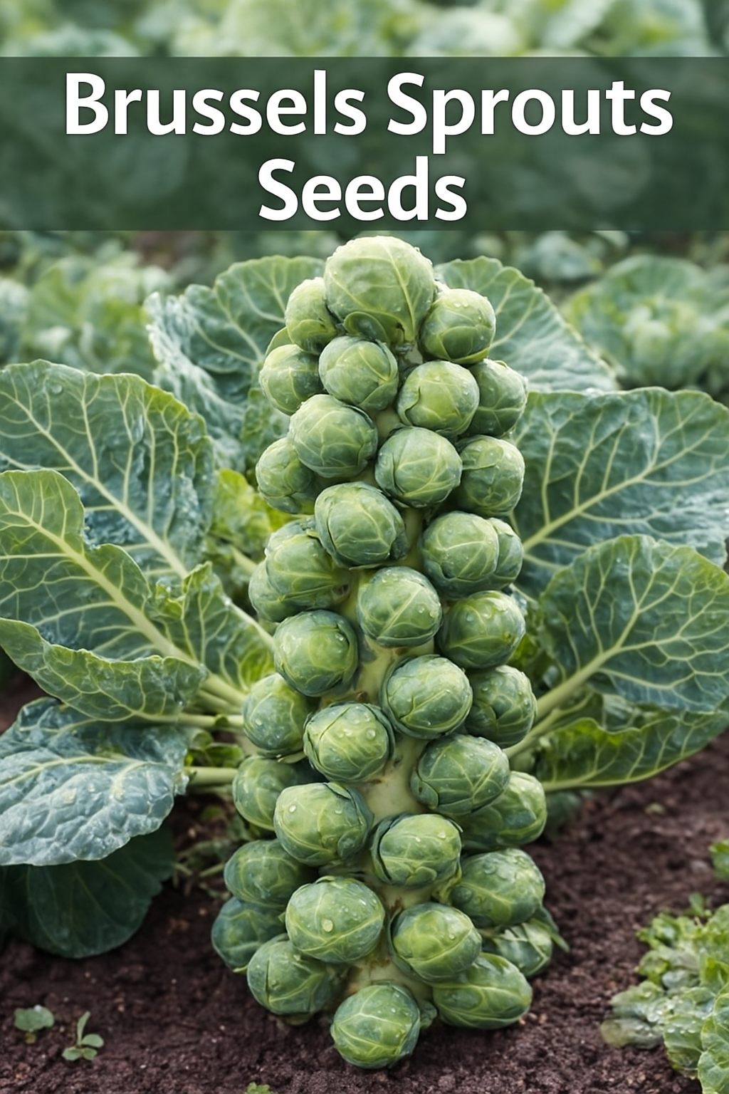 Brussels sprouts growing on a plant, showing compact green sprouts on the stalk