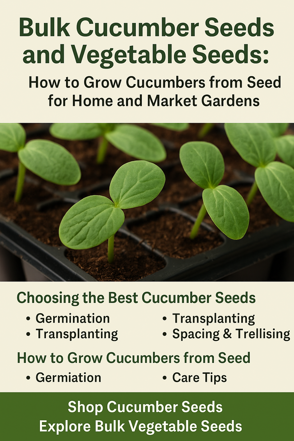 Bulk cucumber seeds and vegetable seeds sprouting in trays, showing healthy young cucumber seedlings ready for transplanting