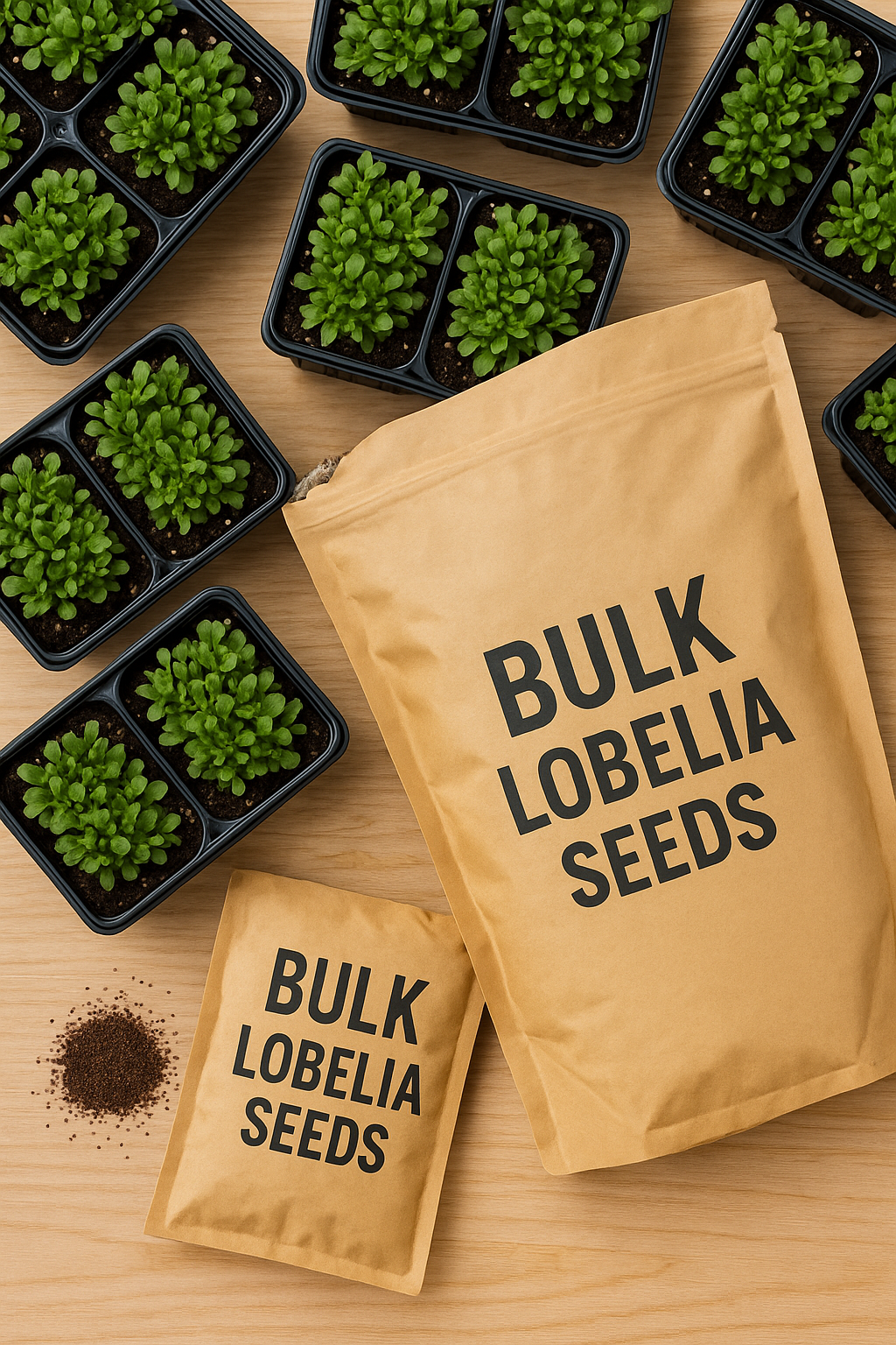 Top-down flat lay of bulk Lobelia seeds in a large kraft bag with seedlings growing in starter trays and a small pile of seeds on a wooden work surface, representing high-volume seed purchasing and large-scale growing.