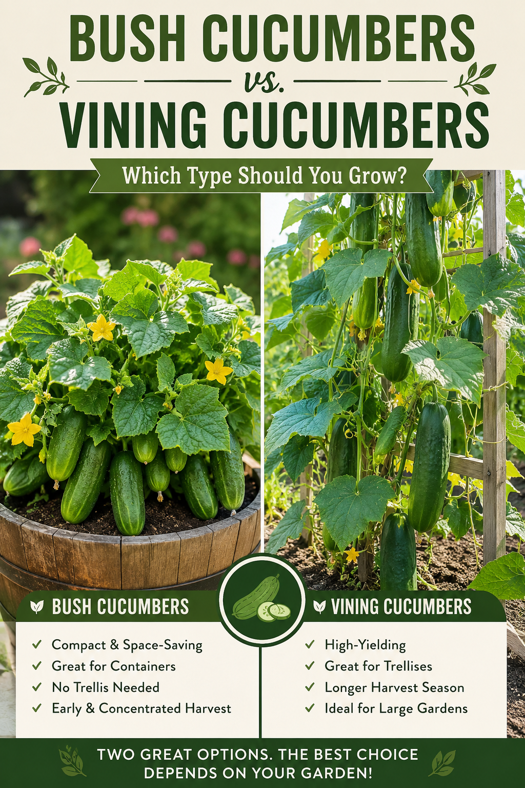 Bush cucumber plant growing in a container compared to vining cucumber plants climbing a garden trellis with cucumbers hanging from the vines.