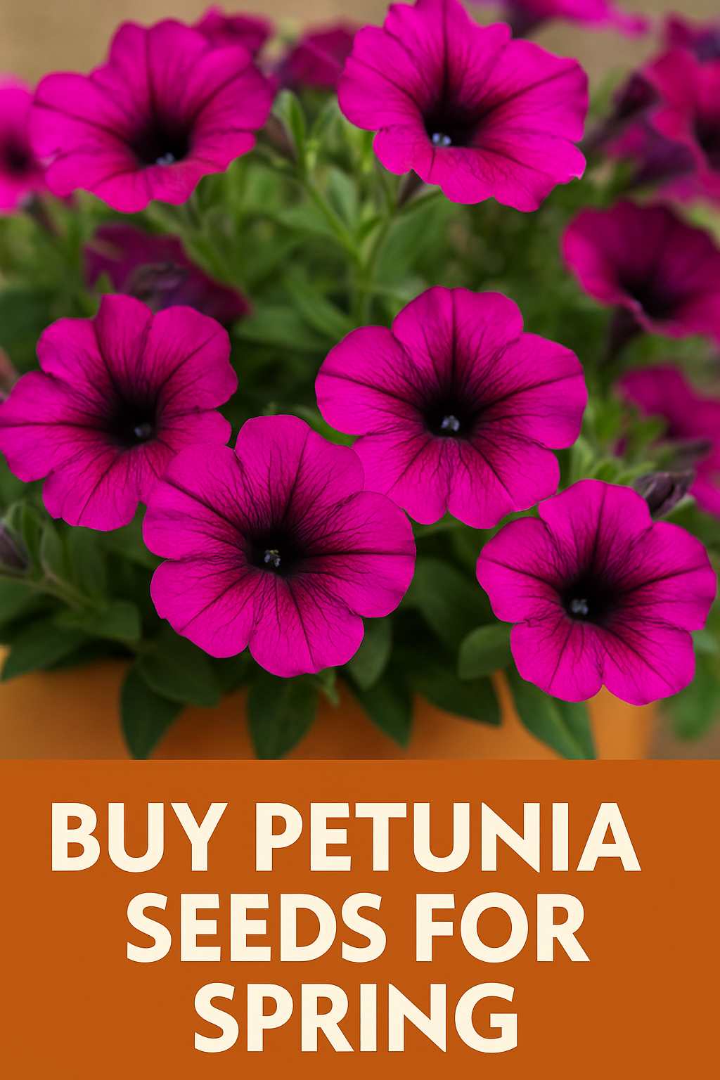Bright purple petunia flowers blooming in a lush spring container